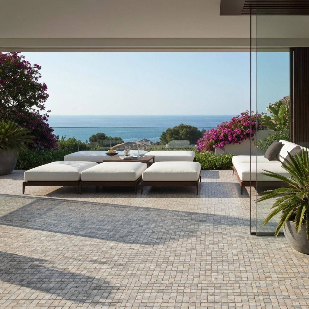Terrasse avec vue mer et carrelage porcelaine